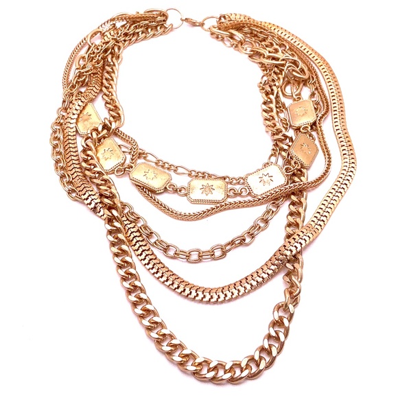 GOLD TONE Layered Chain Necklace With Various Styles Of Chains 16” - Picture 1 of 3